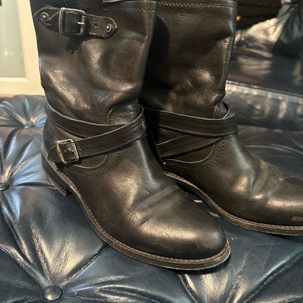 Frye Black Leather Harness Booties with Buckle Detail